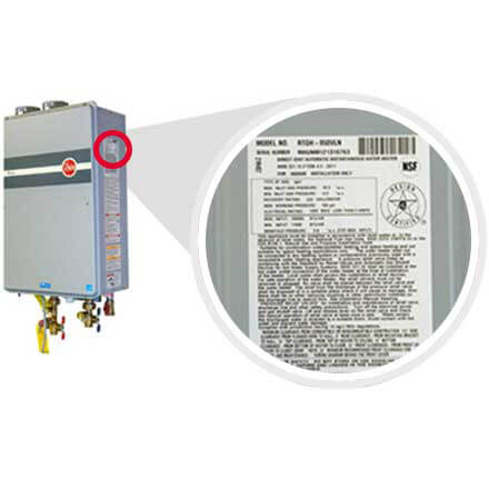 Example picture on how to find your Rheem tankless water heater model and serial number.